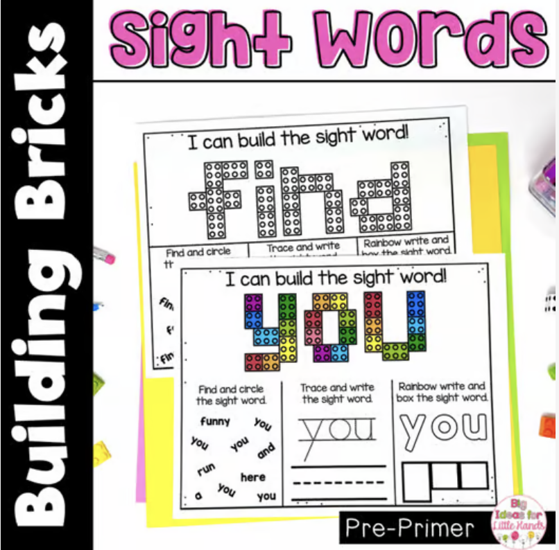 These sight word building brick activities focus on pre-primer words.
